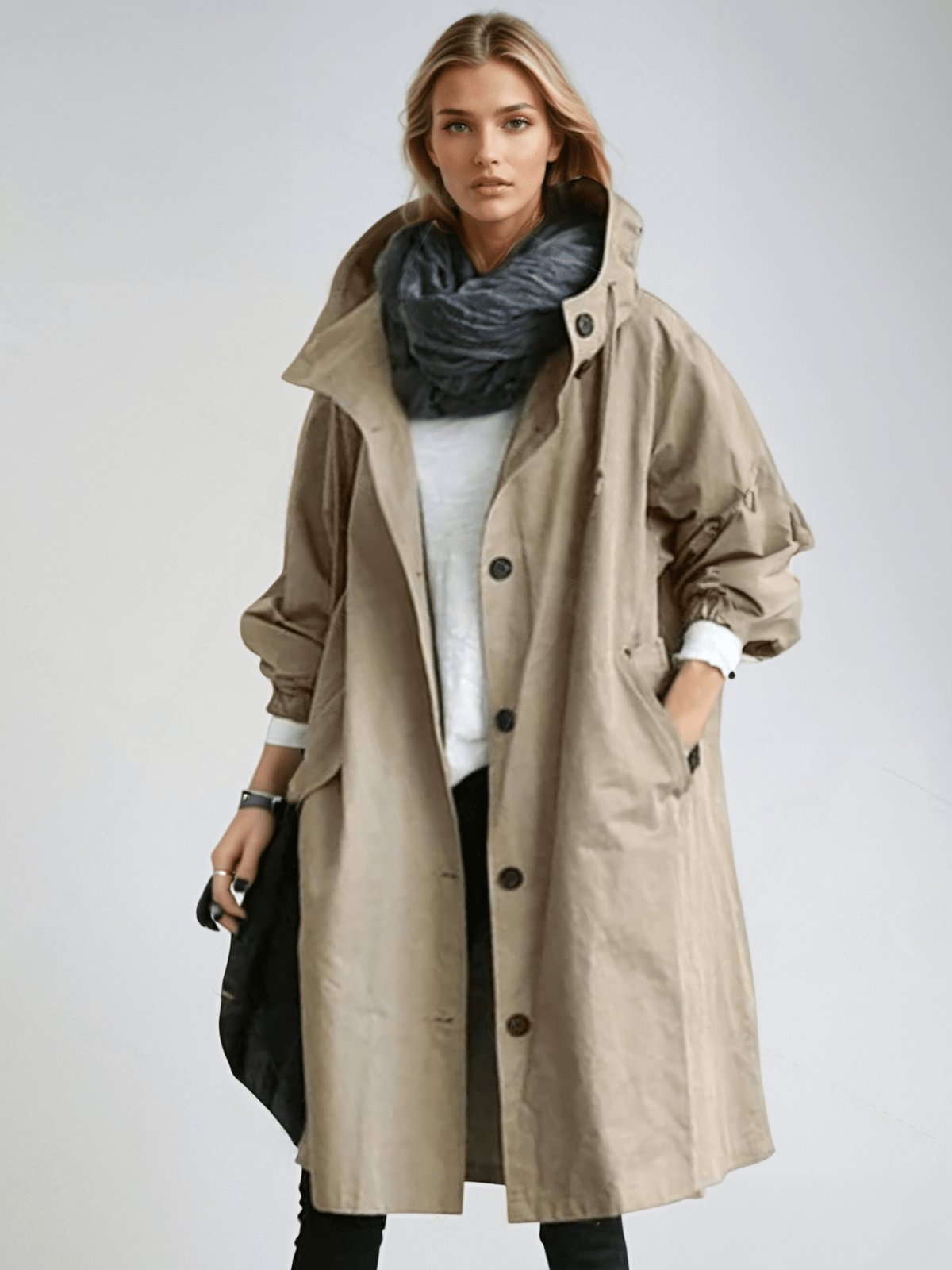 Women's Oversized Hooded Trench Coat - Brown