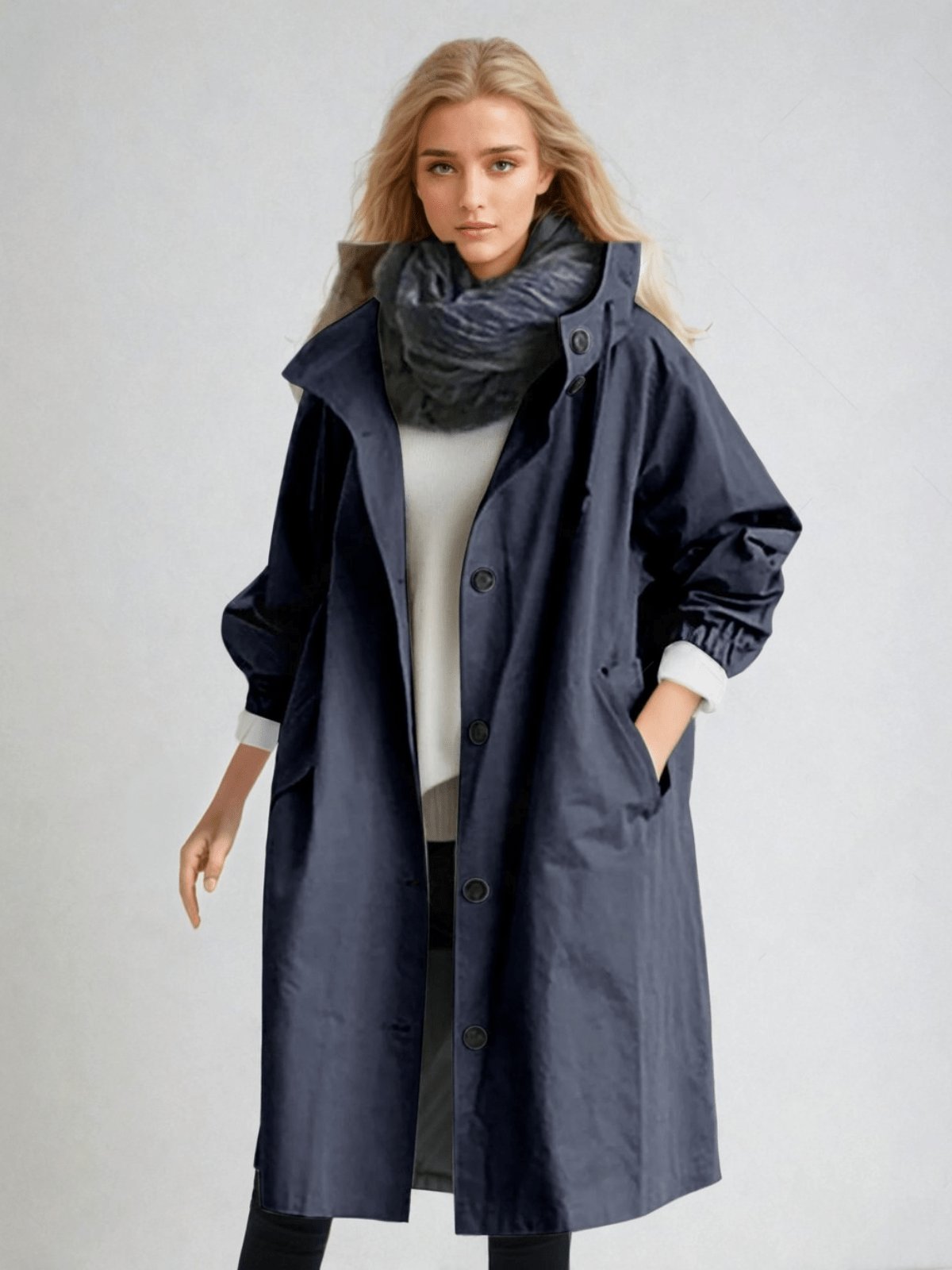 Women's Oversized Hooded Trench Coat - Navy blue