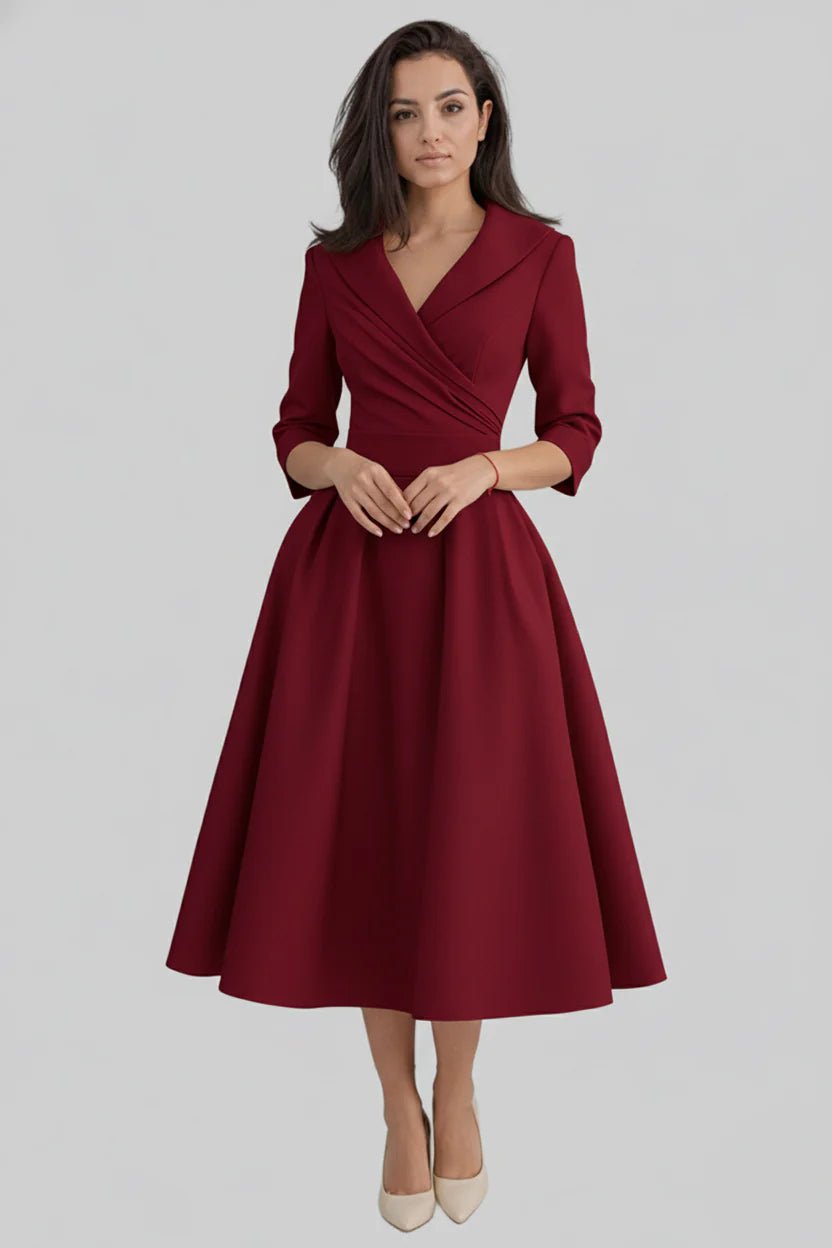 Women's Black Cocktail Wrap Midi Party Dress - REd