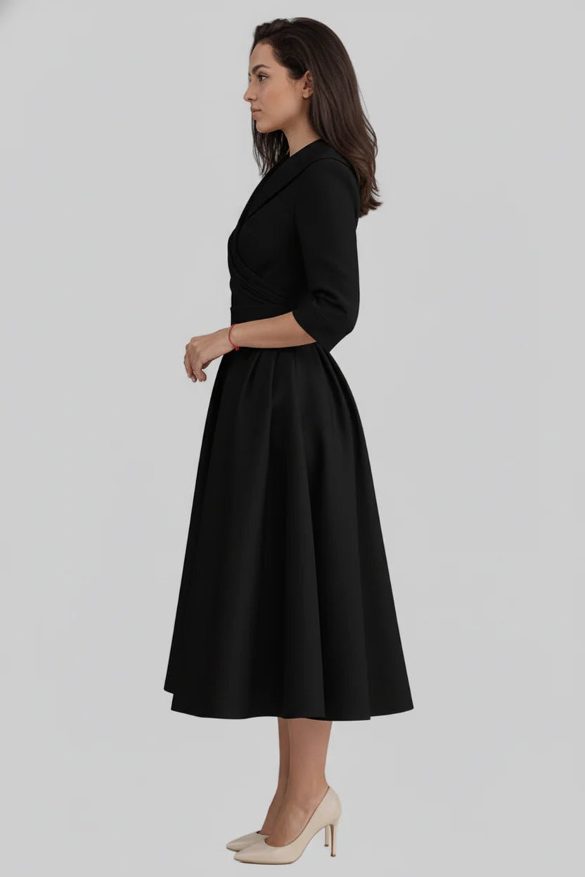 Women's Black Cocktail Wrap Midi Party Dress