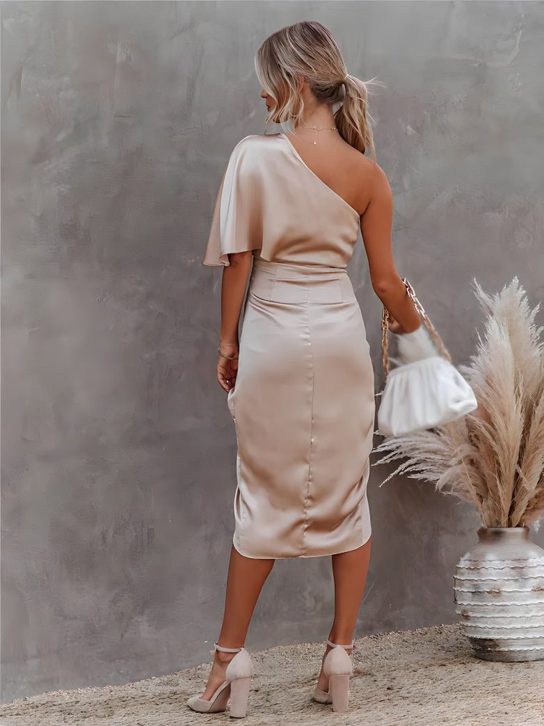 Women's Cocktail Satin One-Shoulder Midi Party Dress