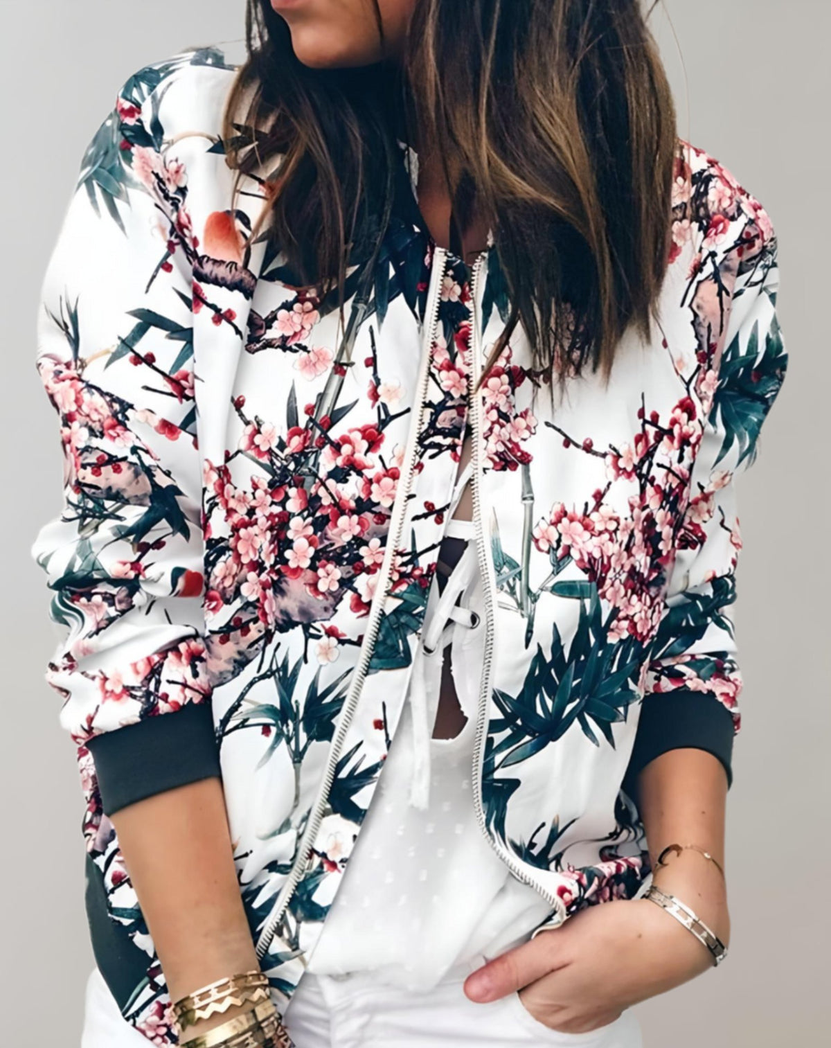 Women's Floral Bomber Jacket - White