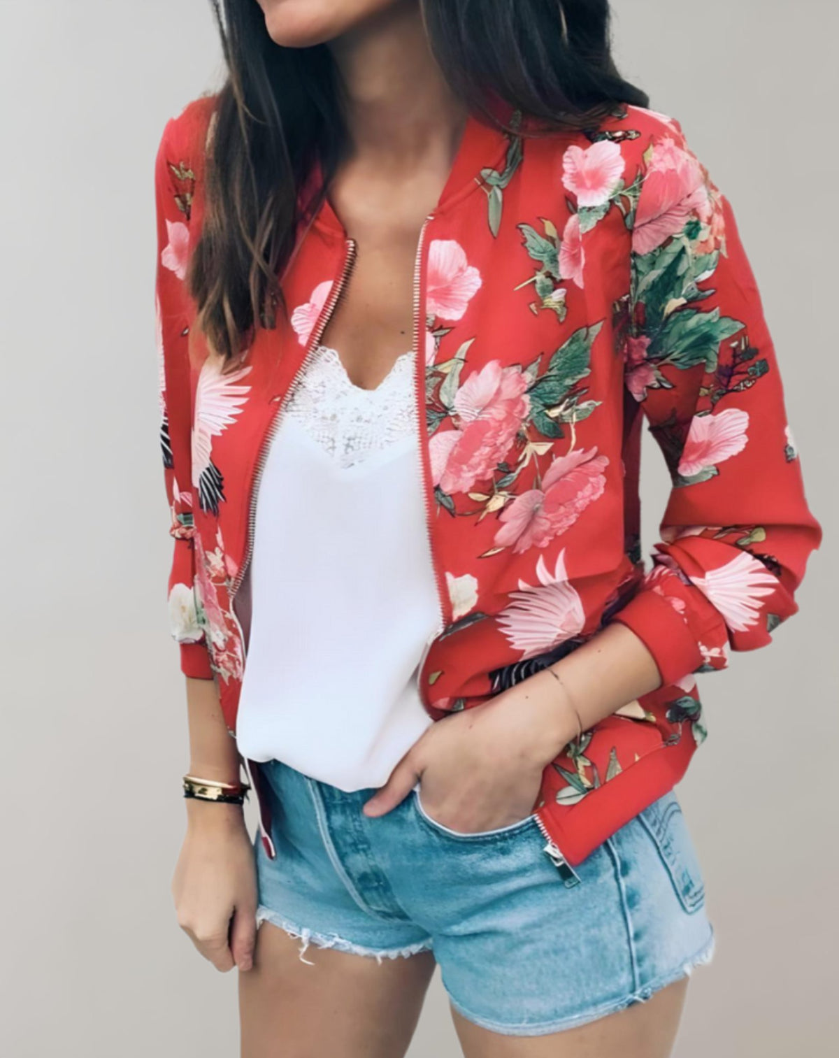 Women's Floral Bomber Jacket - Red