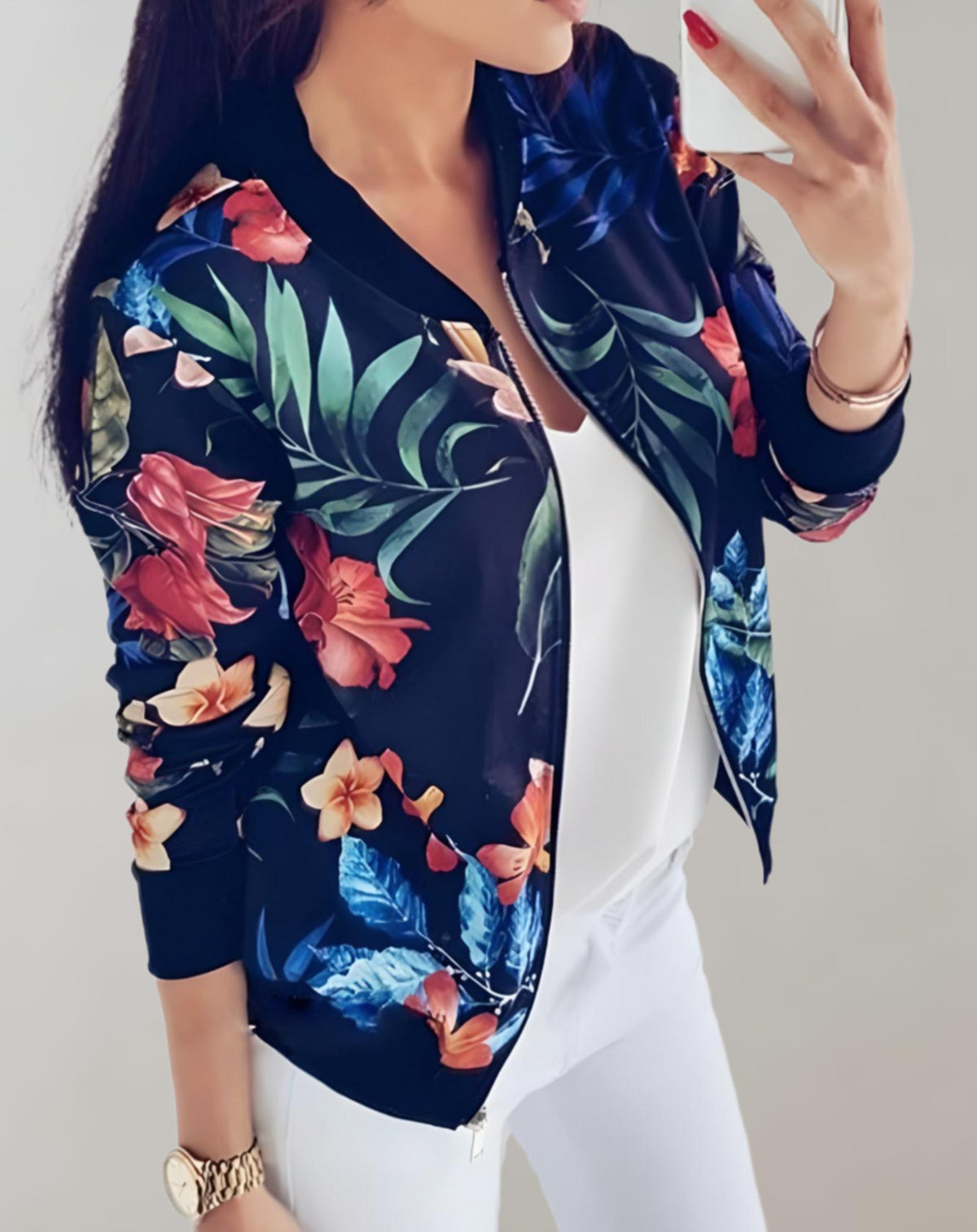 Women's Floral Bomber Jacket - Blue