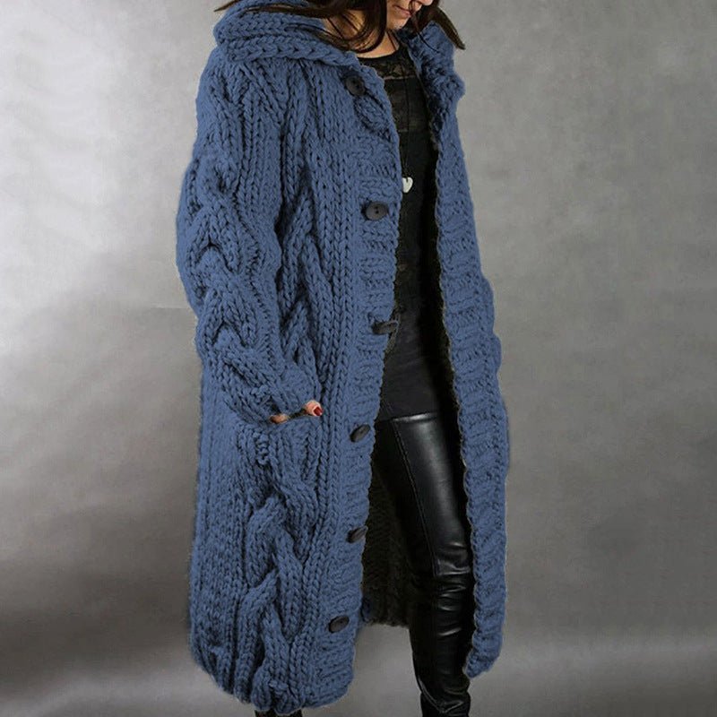 Women's Oversized Cable-Knit Cardigan Hooded Longline Coat - Blue