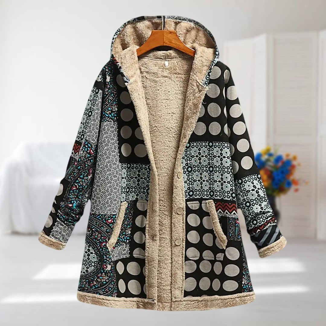 Women's Floral Parka Hooded Teddy Coat - Black Gray