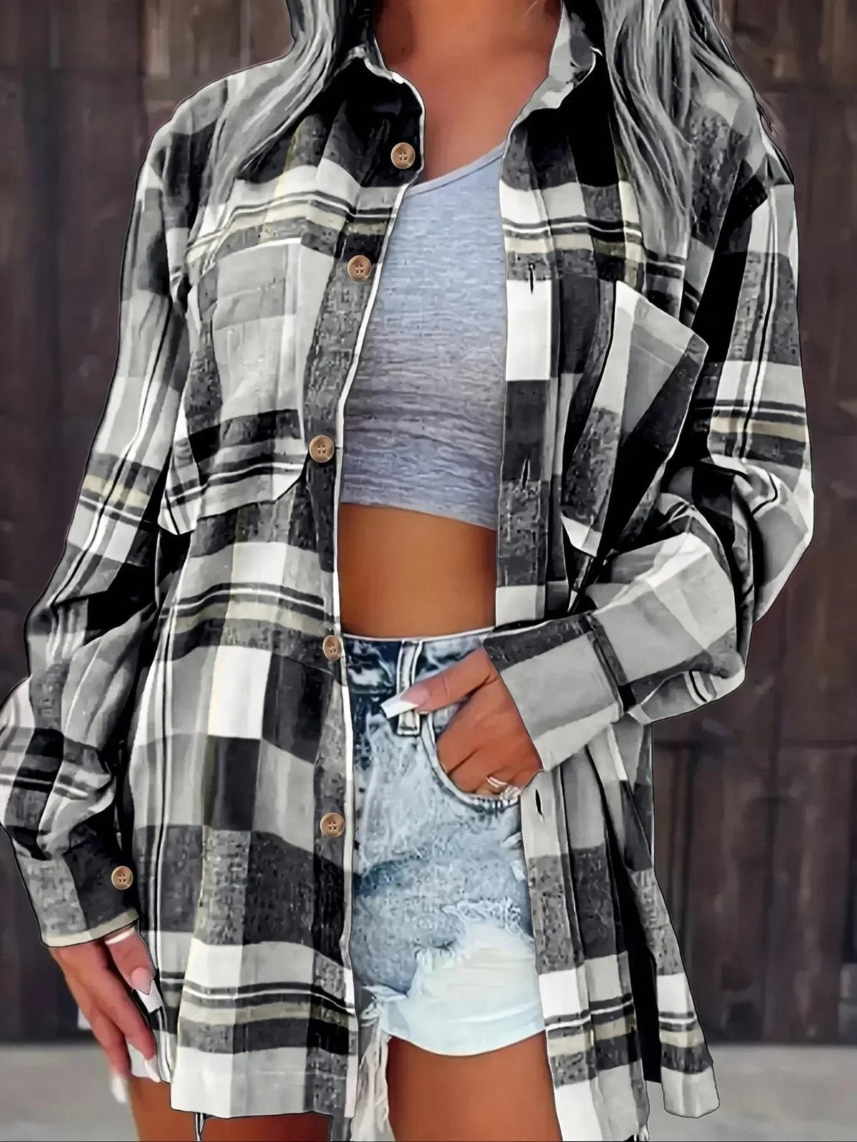 Women's Oversized Plaid Shacket - Black