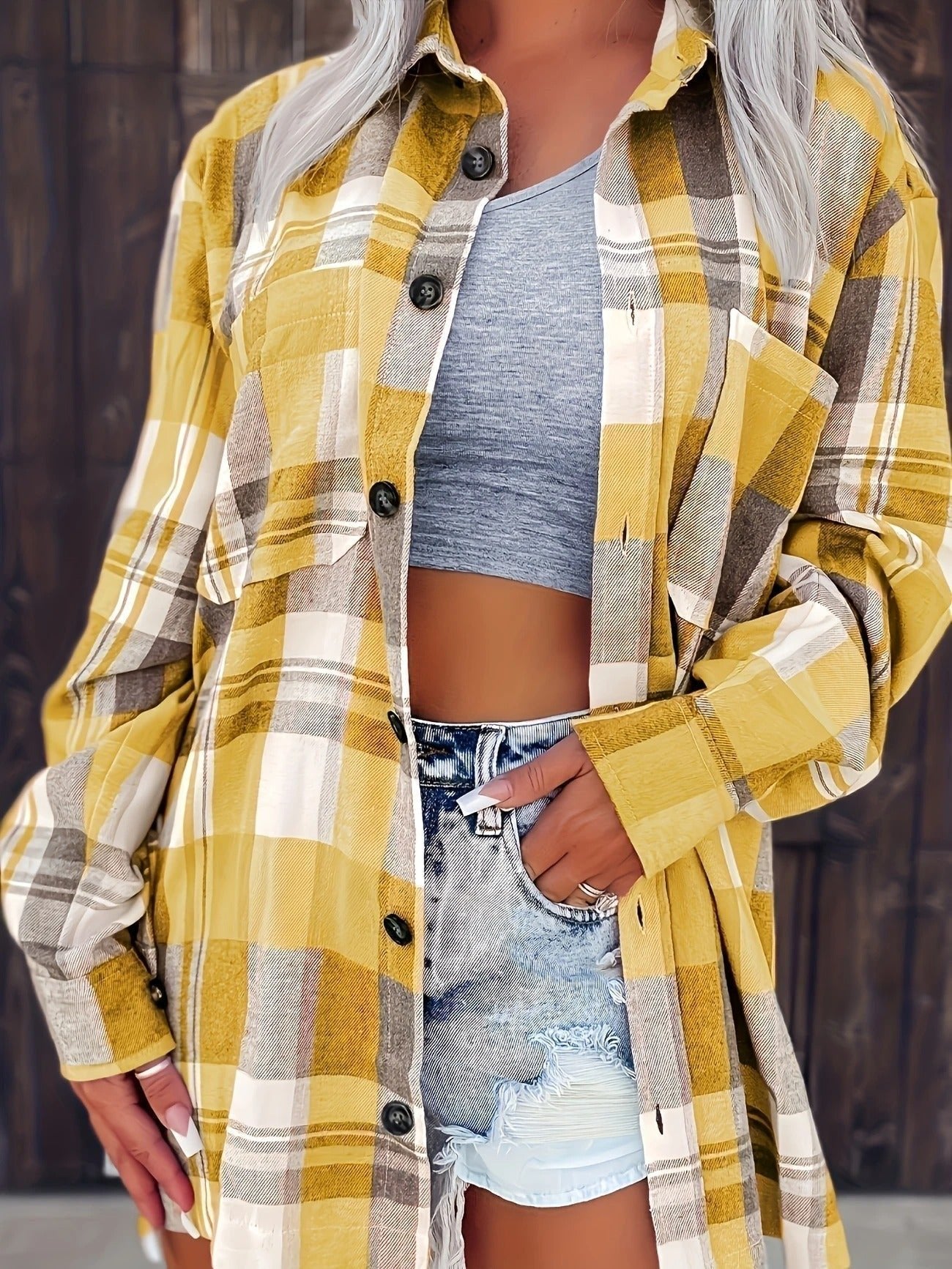 Women's Oversized Plaid Shacket - Yellow