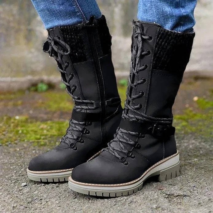Women's Faux Leather Combat Boots - Black