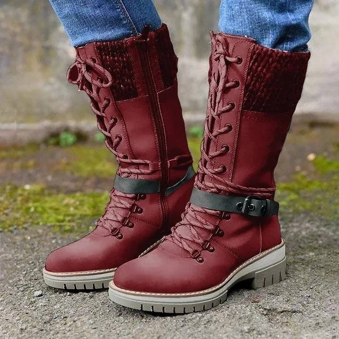 Women's Faux Leather Combat Boots - Red