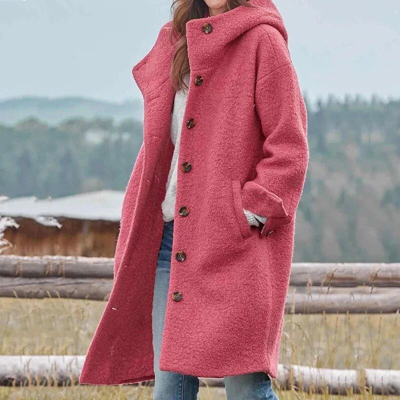 Women's Oversized Hooded Longline Wool Coat - Pink