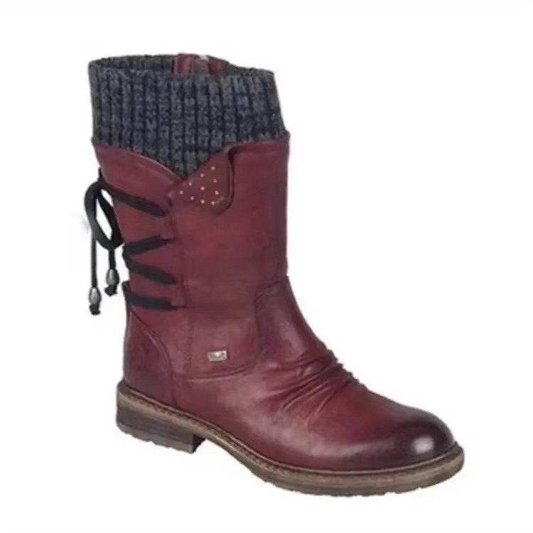 Women's Leather Mid-Calf Boots - Burgundy