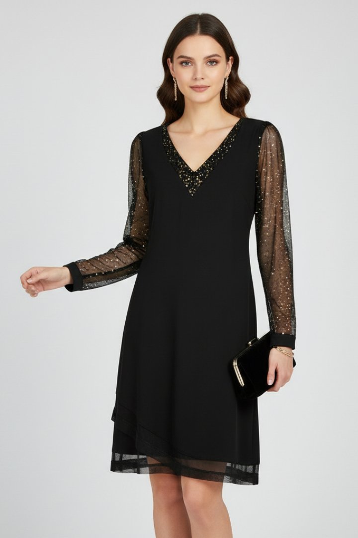 Women's Black Mesh-Sleeve Sequin Long Sleeve Party Shift Dress