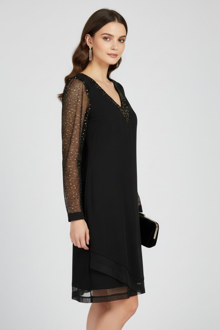 Women's Black Mesh-Sleeve Sequin Long Sleeve Party Shift Dress