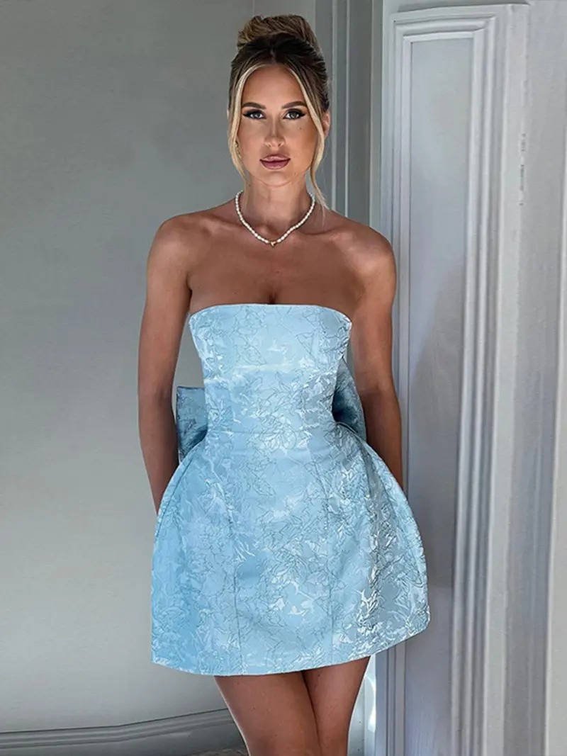 Women's Floral Jacquard Cocktail Strapless Mini Party Dress - Blue