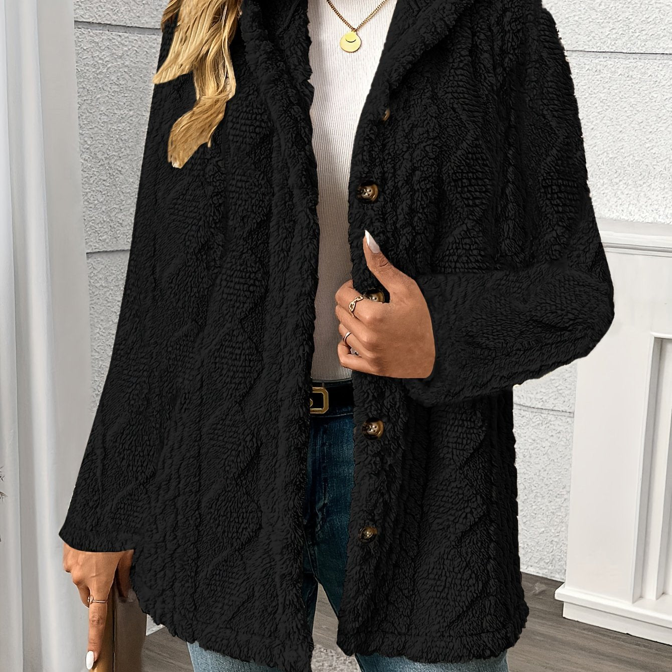 Women's Textured Hooded Longline Jacket - Black