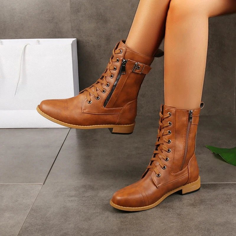 Women's Faux Leather Combat Boots - Brown