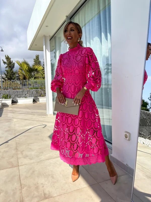Women's Cocktail Lace Midi Party Dress - Pink