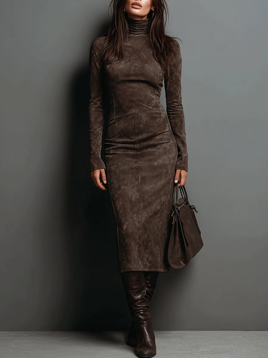 Women's Suede Bodycon Roll Neck Midi Dress - Chocolate Brown