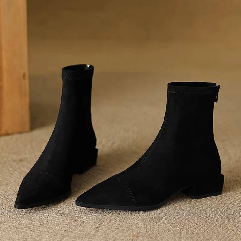 Women's Suede Pointed-Toe Ankle Boots - Black Fur