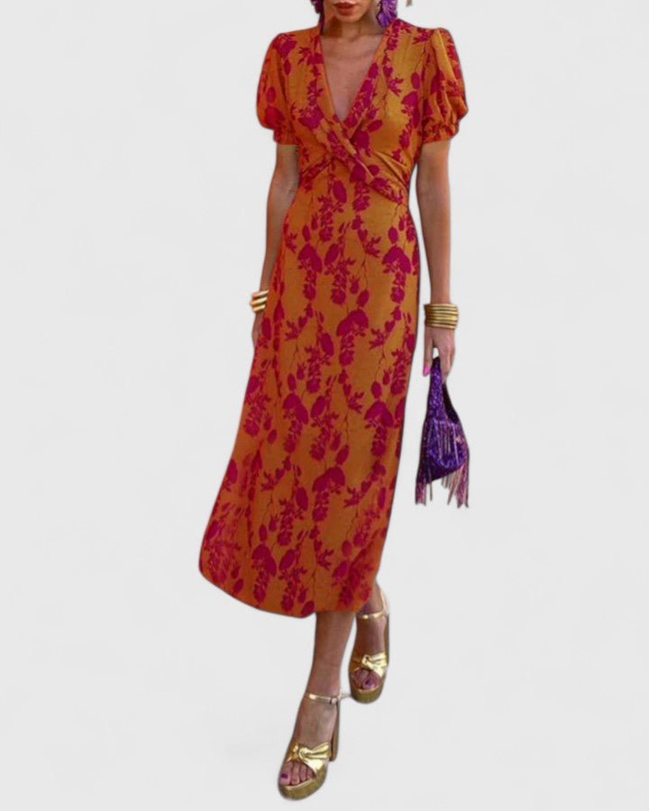 Women's Floral Cocktail Satin Midi Party Wrap Dress - Red