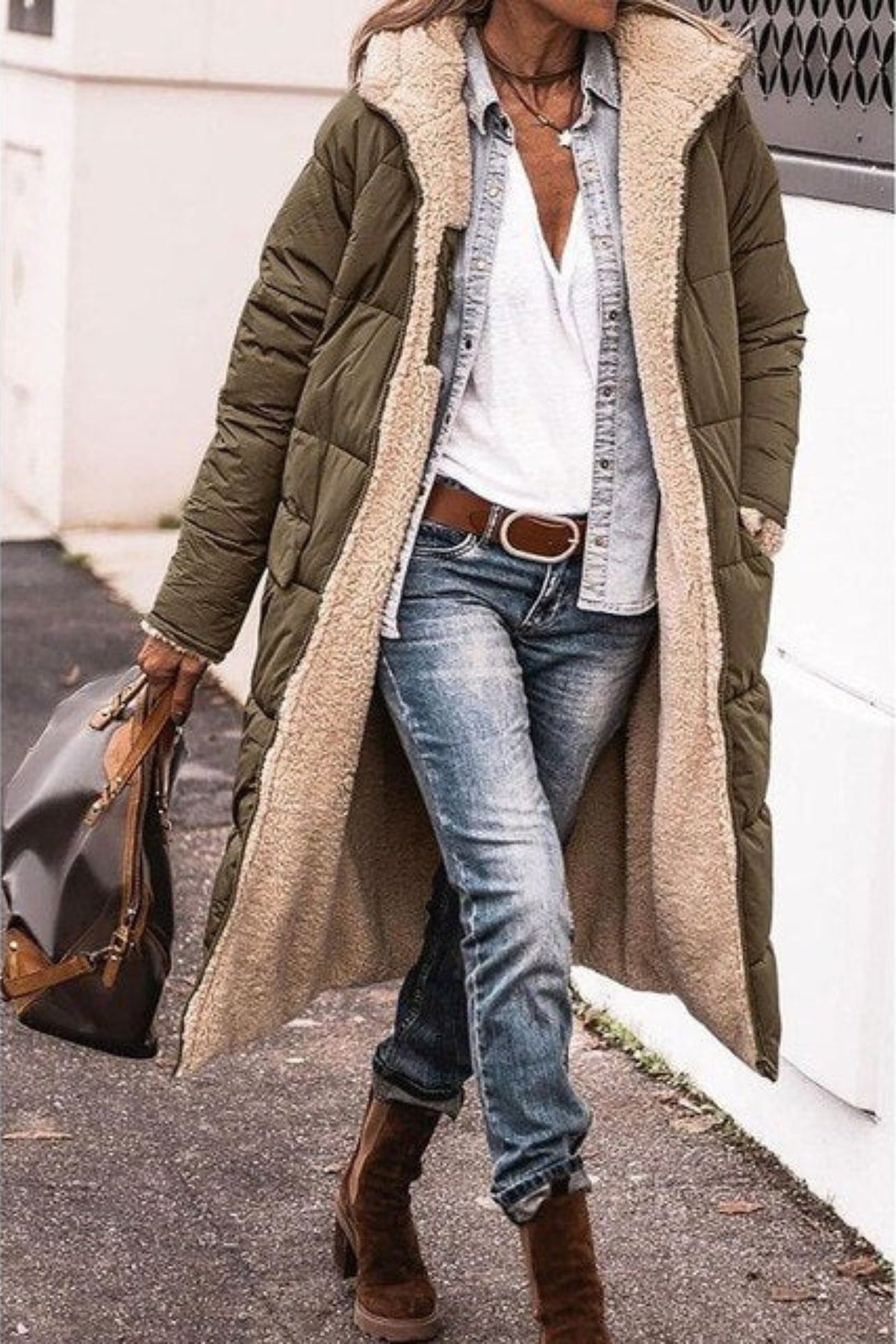 Women's Oversized Longline Teddy Puffer Coat - Army Green