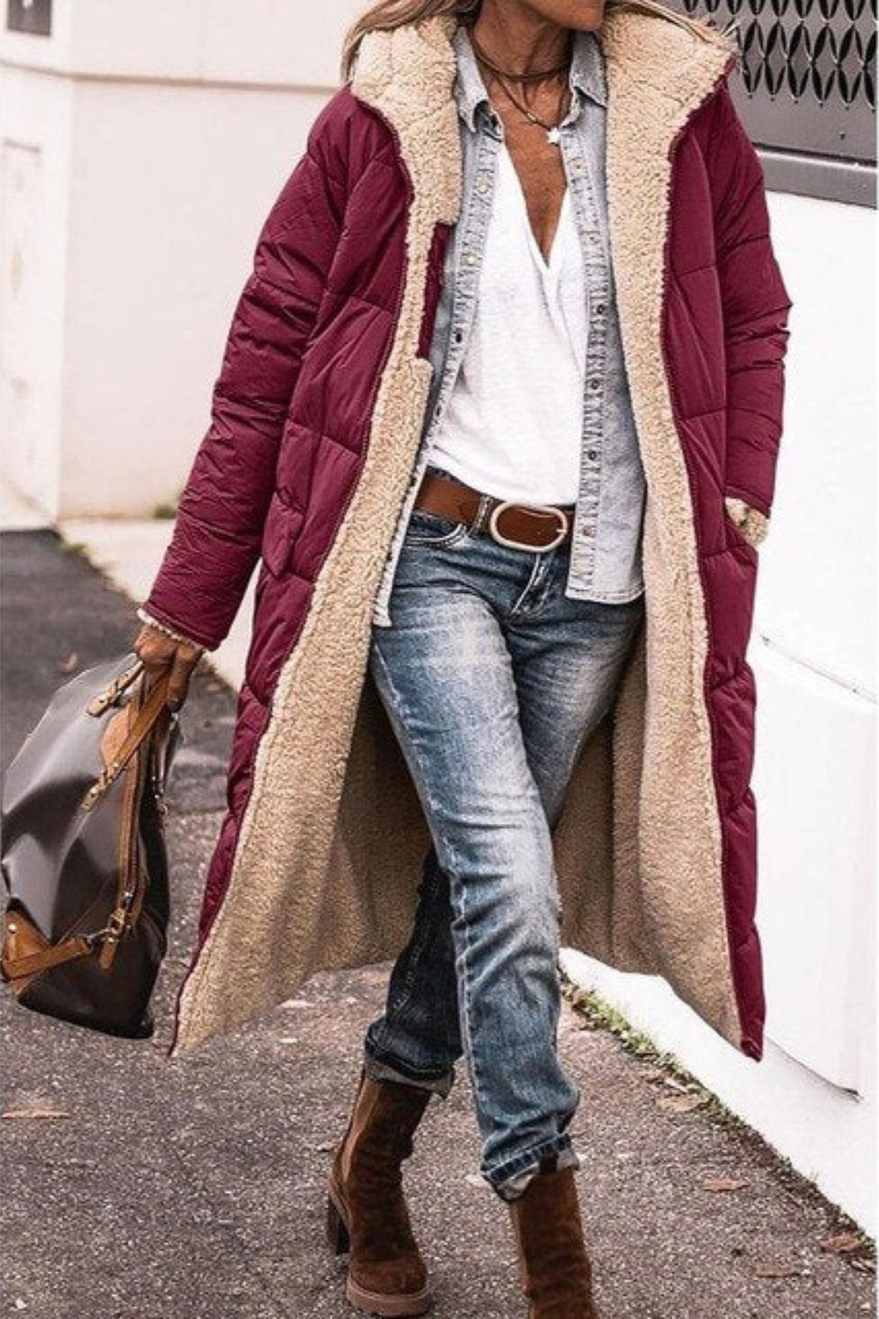 Women's Oversized Longline Teddy Puffer Coat - Wine Red
