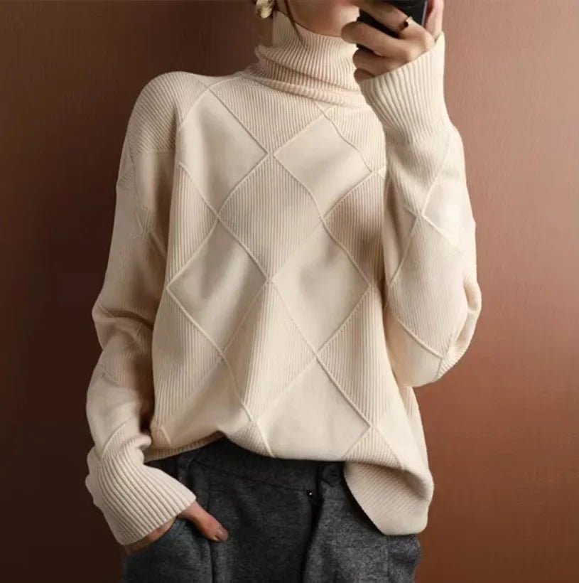 Women's Chunky Argyle Cashmere Roll Neck Jumper - Beige