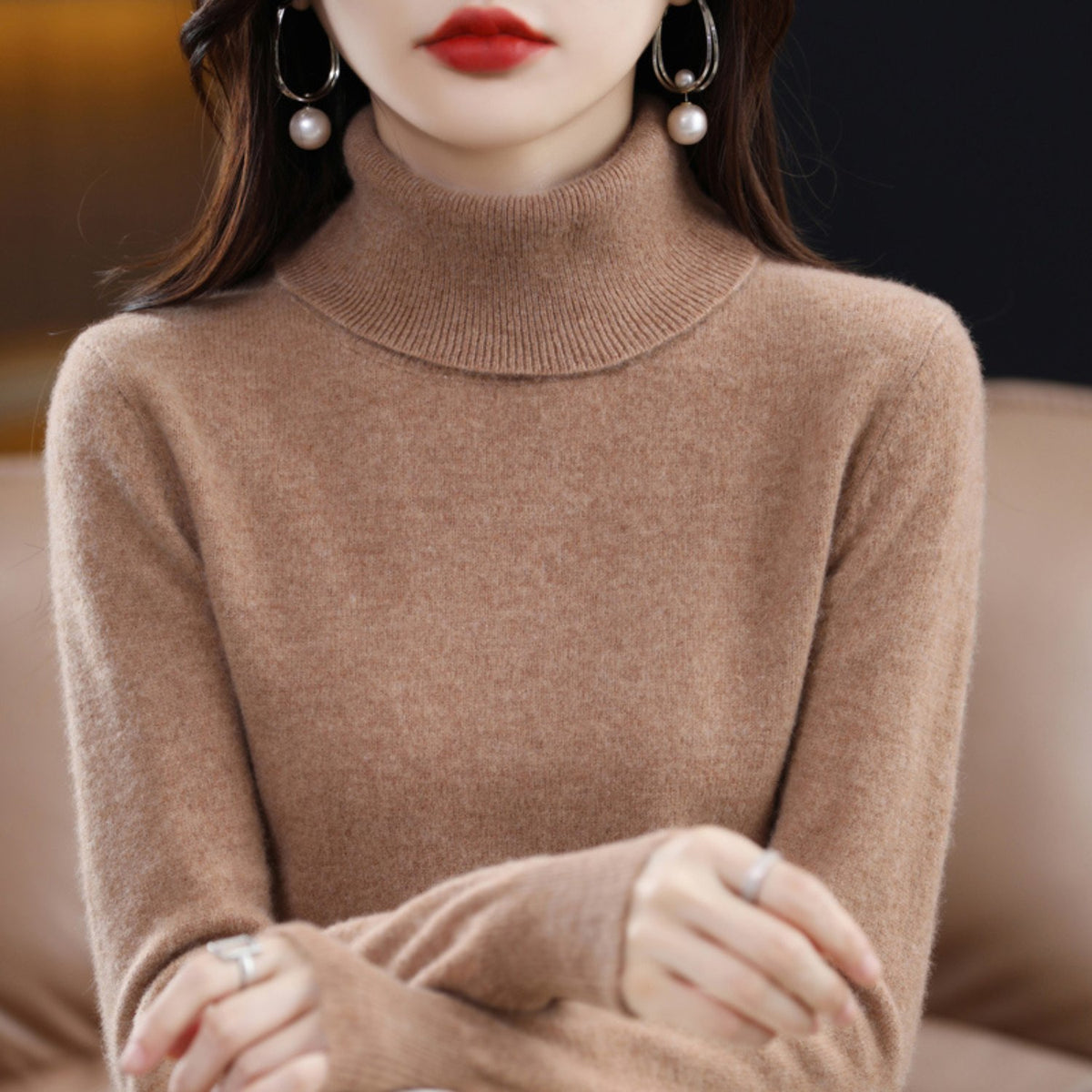 Women's Slim Cashmere Wool Roll Neck Jumper - Brown