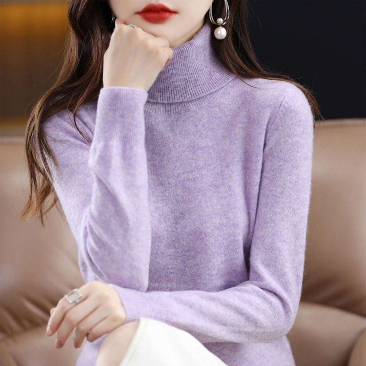 Women's Slim Cashmere Wool Roll Neck Jumper - Light violet