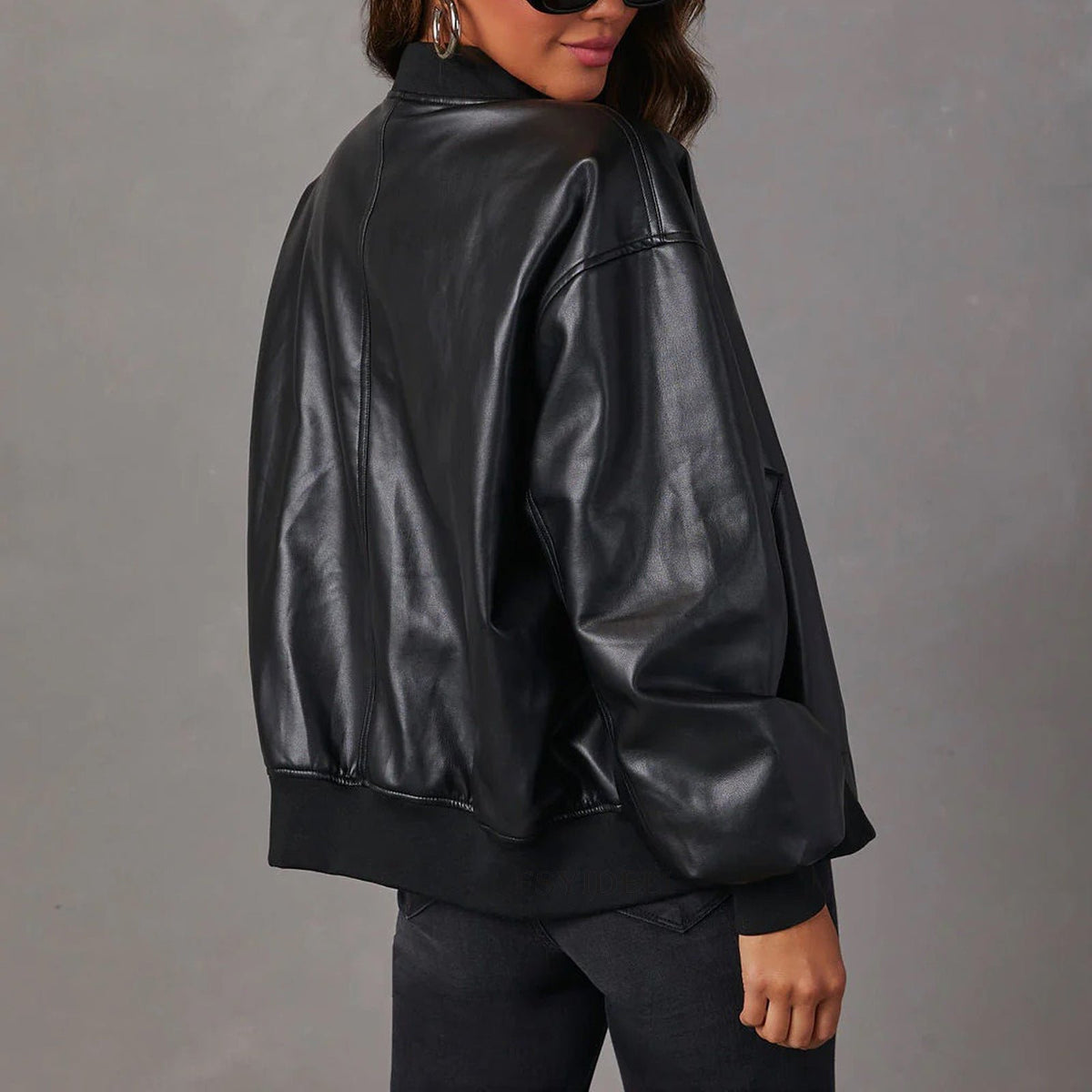 Women's Oversized Faux Leather Bomber Jacket