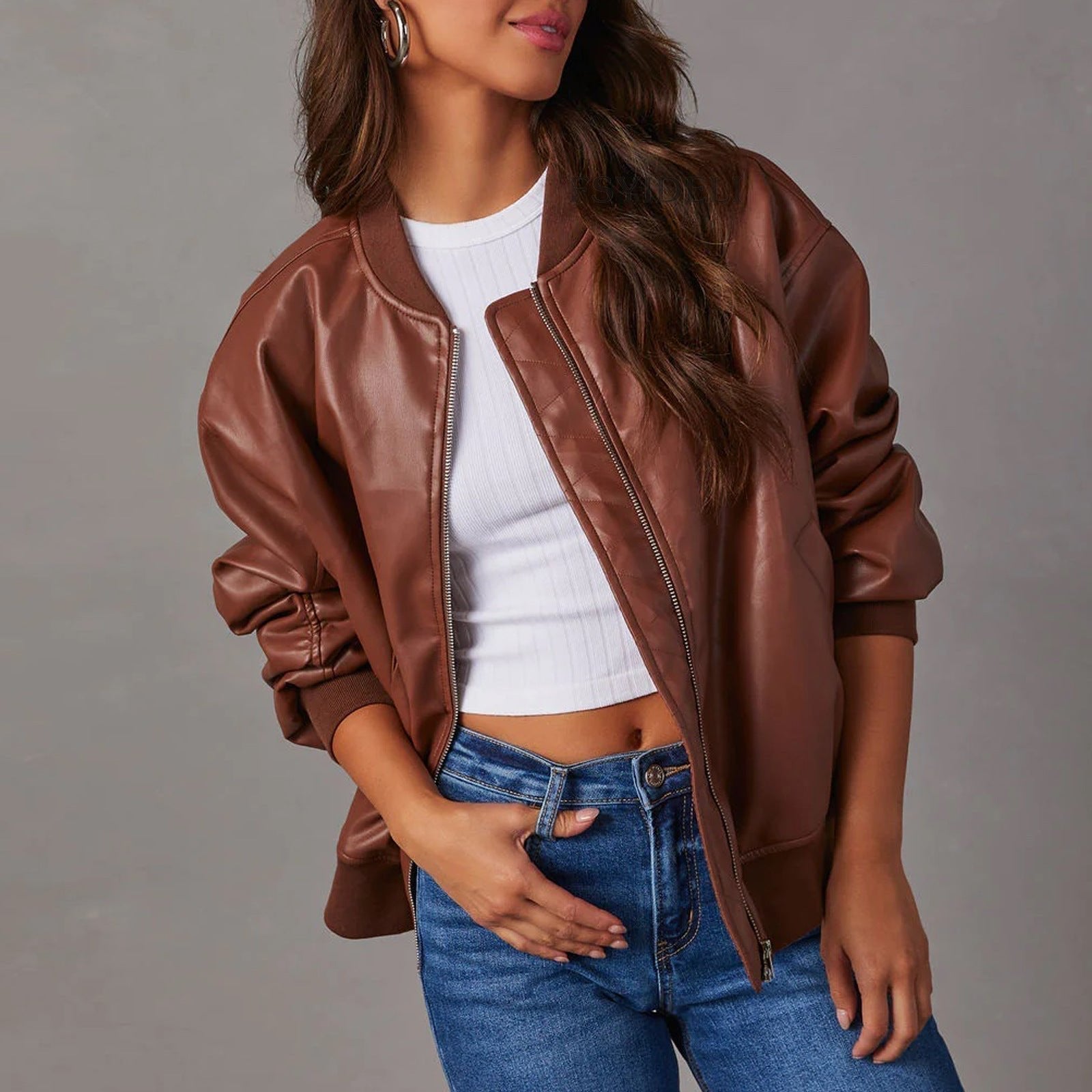 Women's Oversized Faux Leather Bomber Jacket