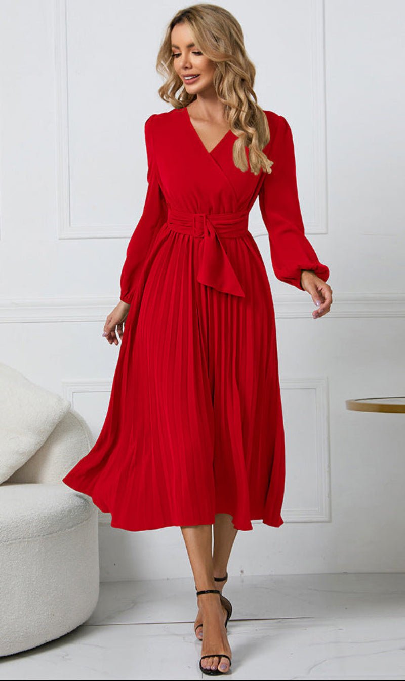 Women's Pleated Chiffon Cocktail Long Sleeve Midi Party Dress - Red