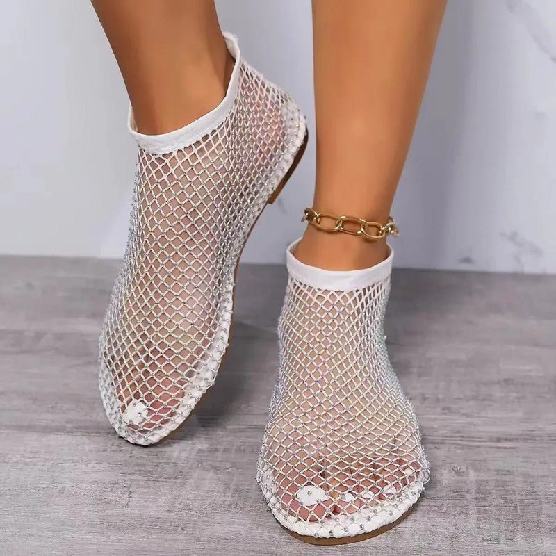 Women's Rhinestone Mesh Ankle Booties - White