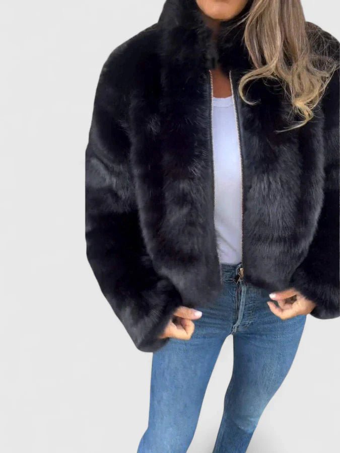 Women's Cropped Faux Fur Jacket - Black