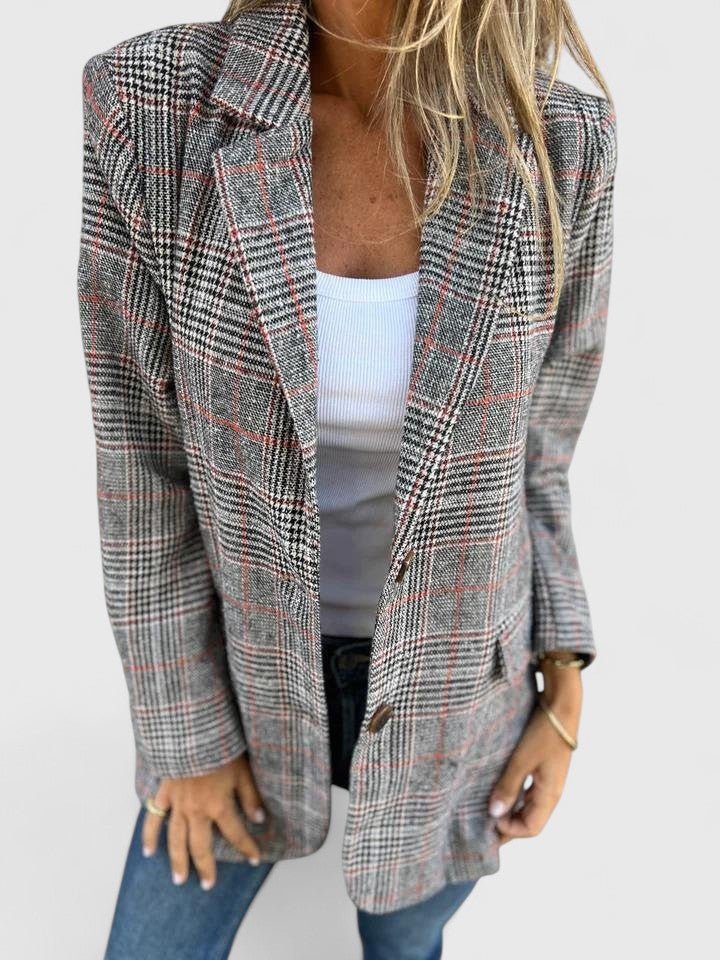Women's Oversized Plaid Wool Blazer - Brown