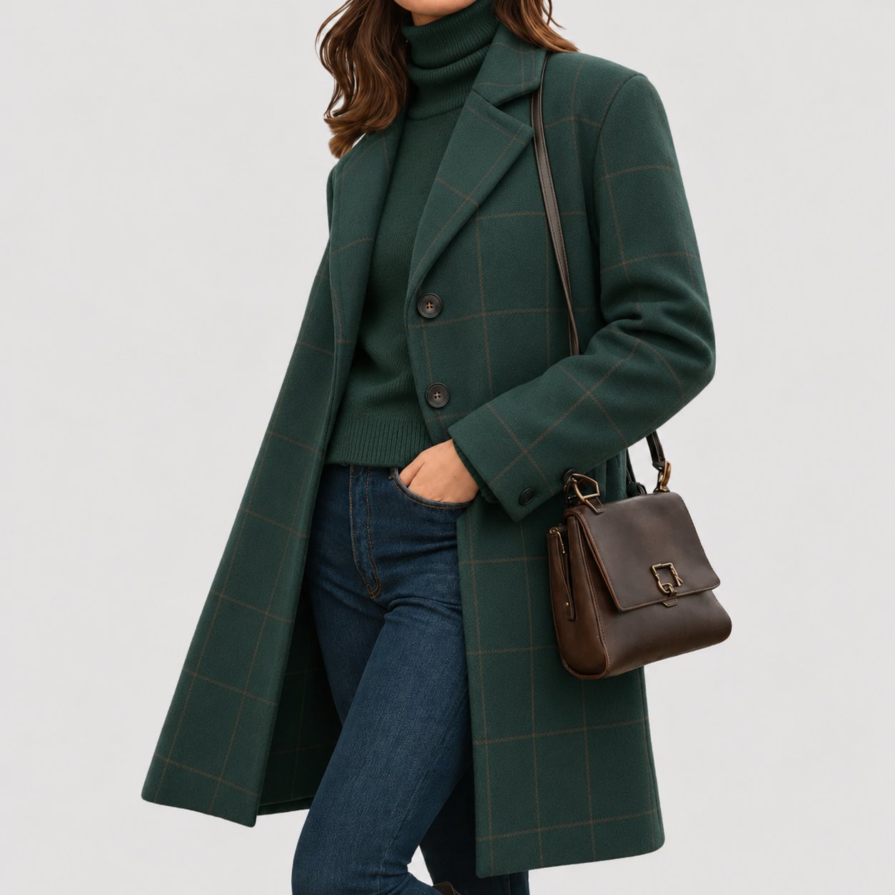 Women's Windowpane Longline Wool Coat - Green