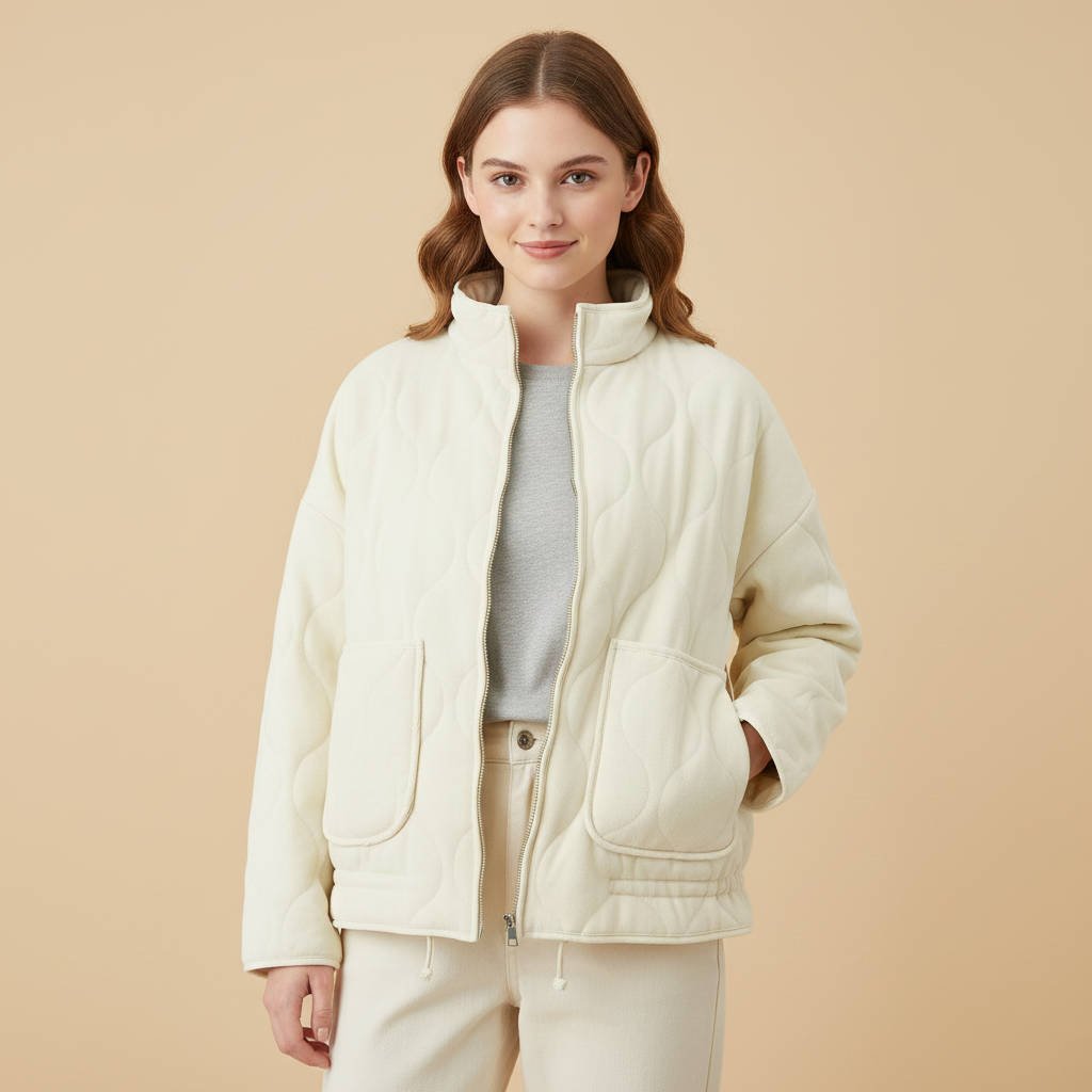 Women's Oversized Quilted Denim Jacket - Beige