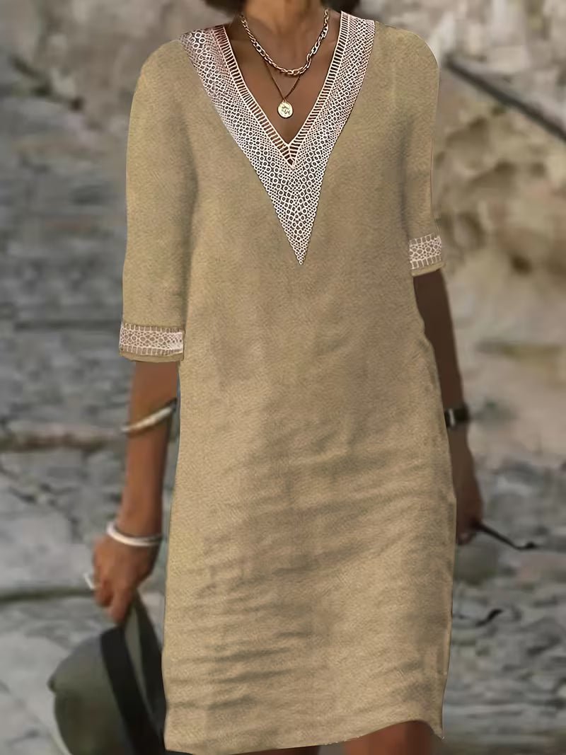Women's Black Vacation V-Neck Lace Shift Dress - Khaki