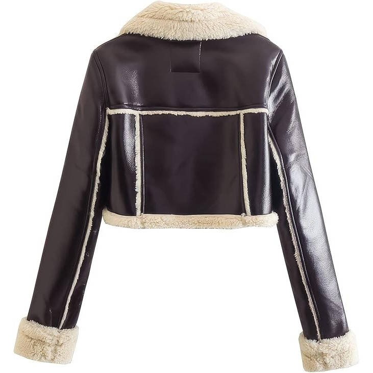 Women's Cropped Faux Leather Moto Shearling Jacket