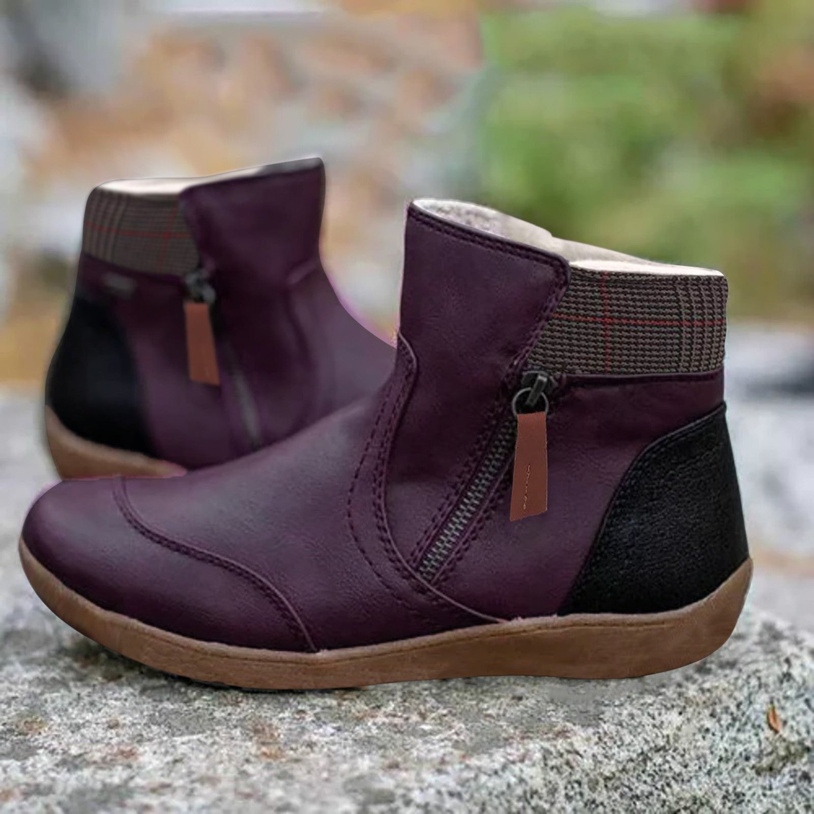 Women's Plaid Faux Leather Winter Ankle Boots - Purple