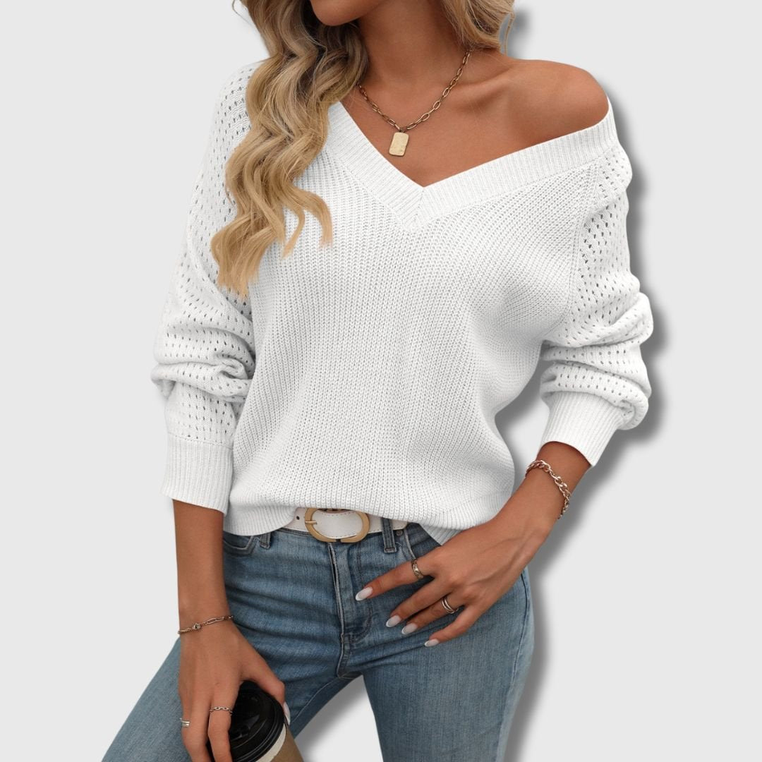 Women's Crochet-Sleeve V-Neck Jumper