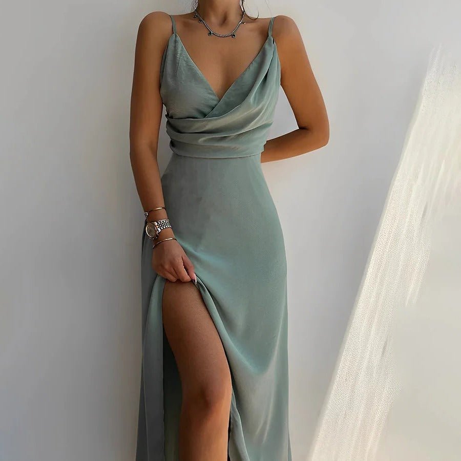 Women's Black Satin Maxi Party Slip Dress - Green