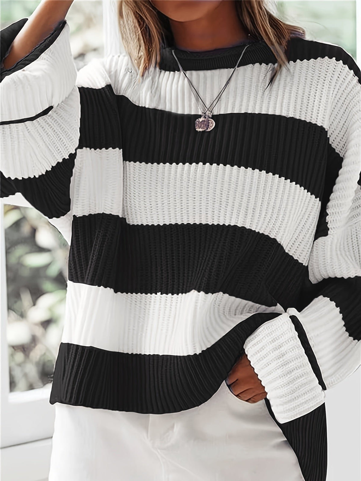 Women's Chunky Oversized Striped Knit Ribbed Jumper