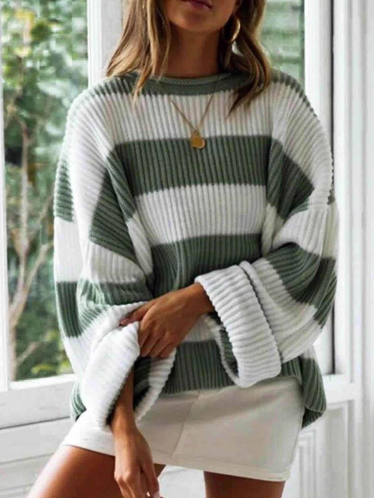 Women's Chunky Oversized Striped Knit Ribbed Jumper