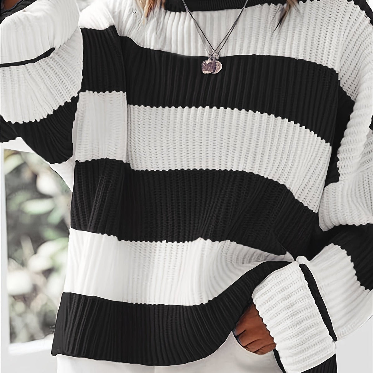 Women's Chunky Oversized Striped Knit Ribbed Jumper - Black