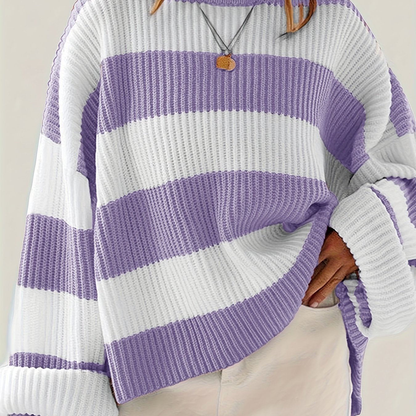 Women's Chunky Oversized Striped Knit Ribbed Jumper - Purple