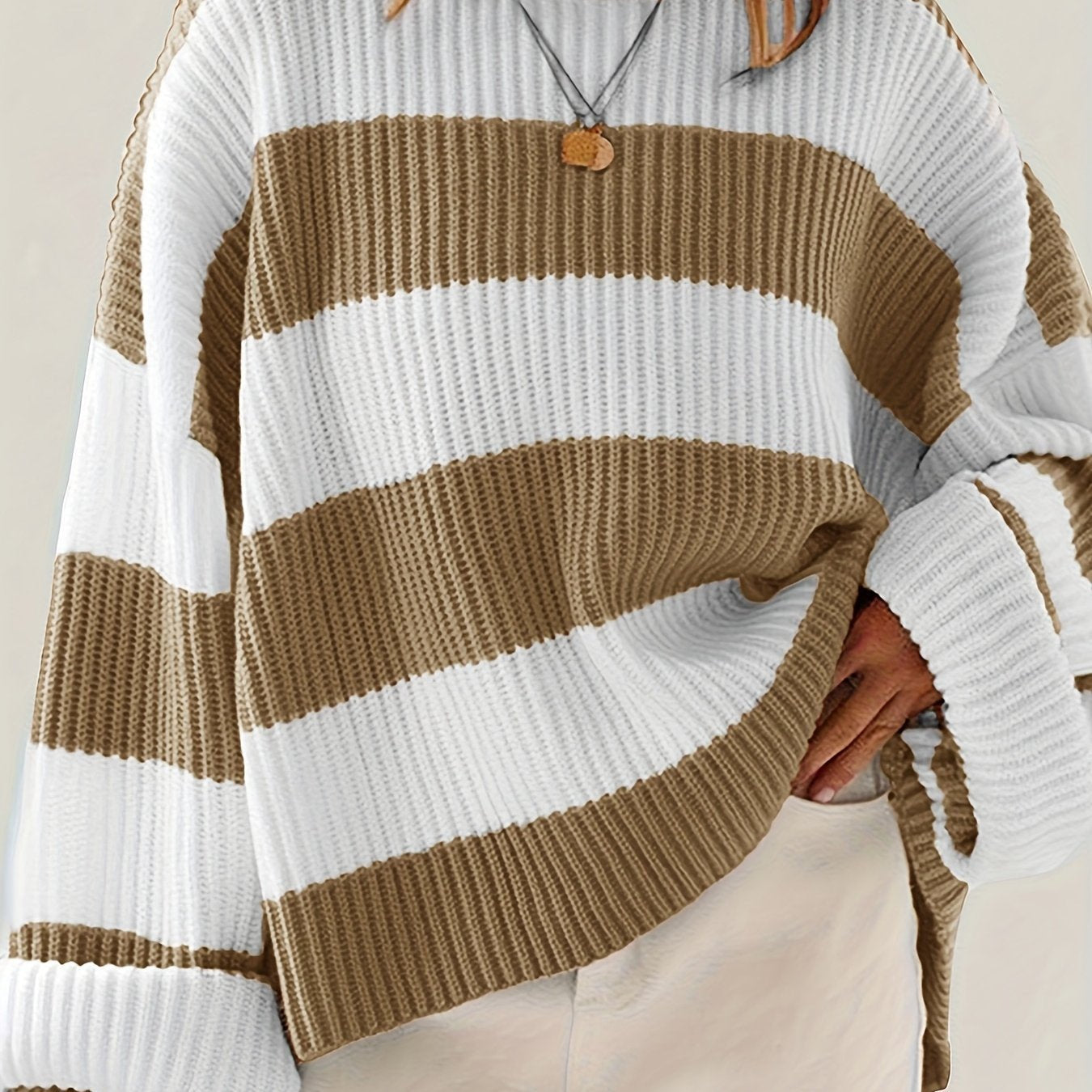 Women's Chunky Oversized Striped Knit Ribbed Jumper - Linen