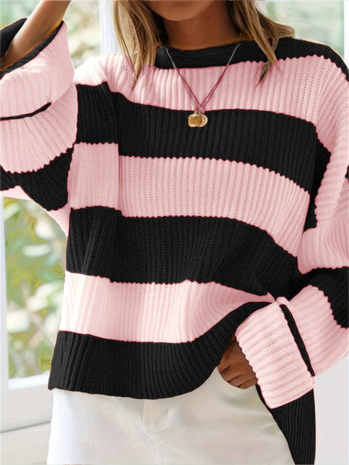 Women's Chunky Oversized Striped Knit Ribbed Jumper
