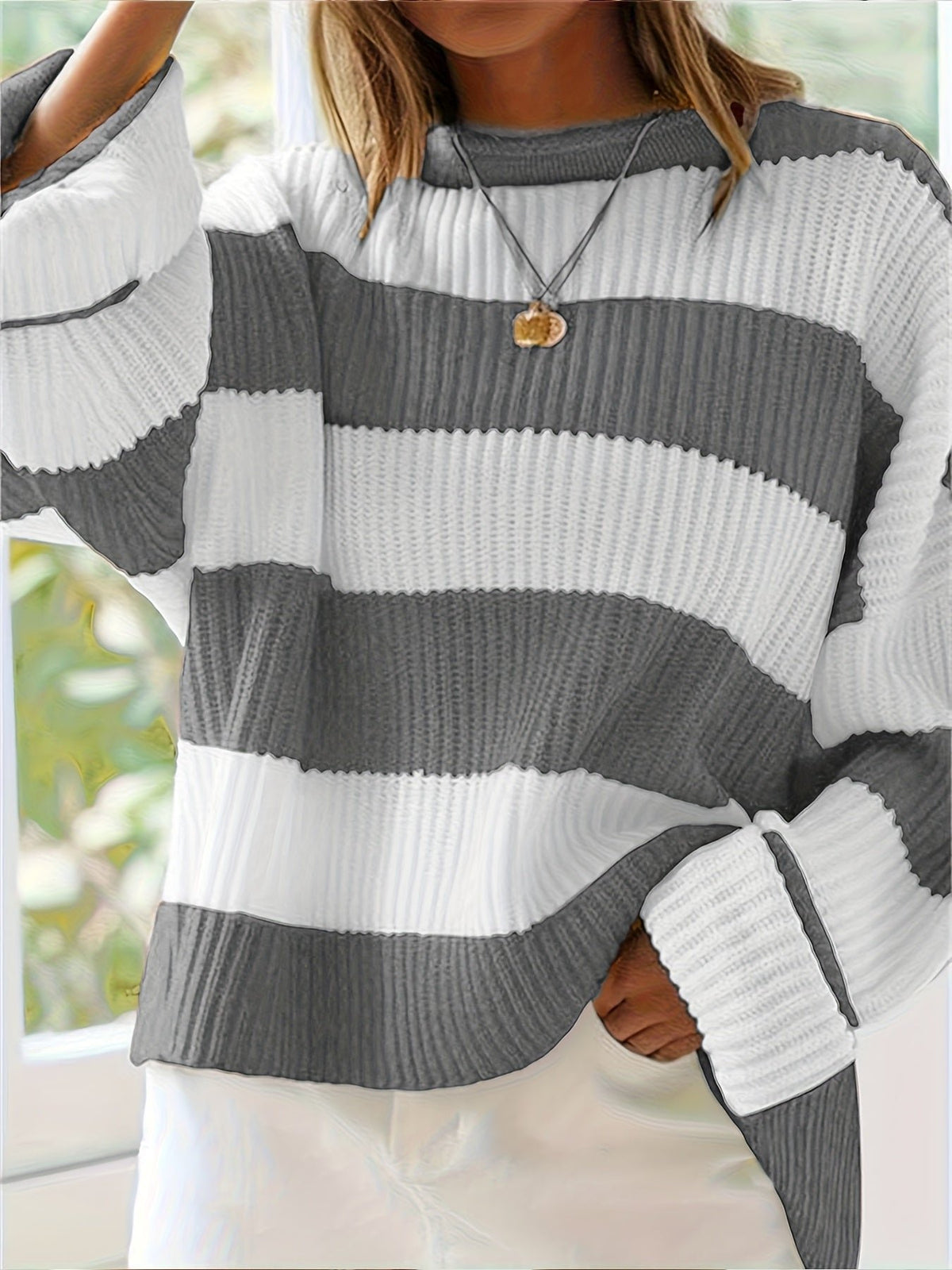 Women's Chunky Oversized Striped Knit Ribbed Jumper